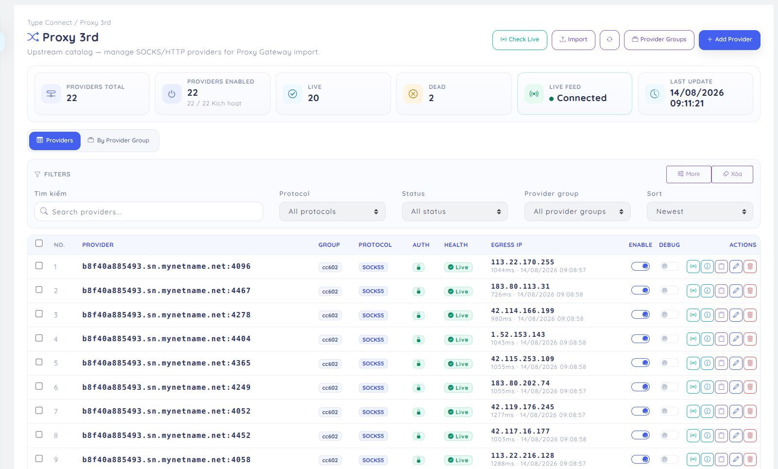 Tổng quan Proxy 3rd: catalog provider, Live/Dead, Live Feed và Check Live